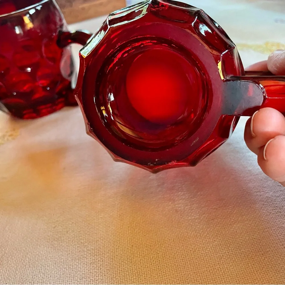Vintage Ruby Red Mid-century Modern Glass Thumbprint Mugs. Set of 3. 8oz.